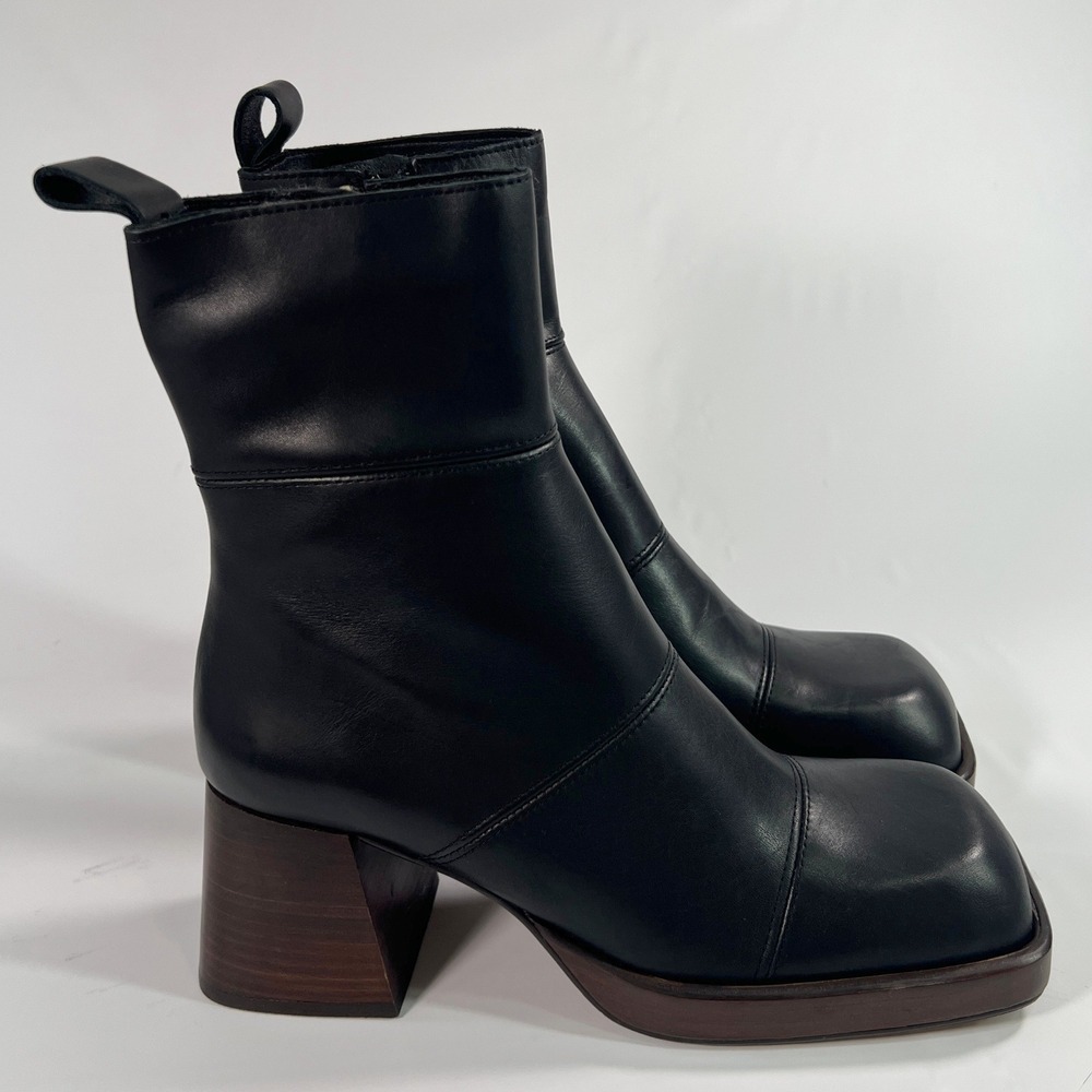 ASOS DESIGN Rhodes Premium Leather Platform Boots Black Square Toe Chunky Heel 6